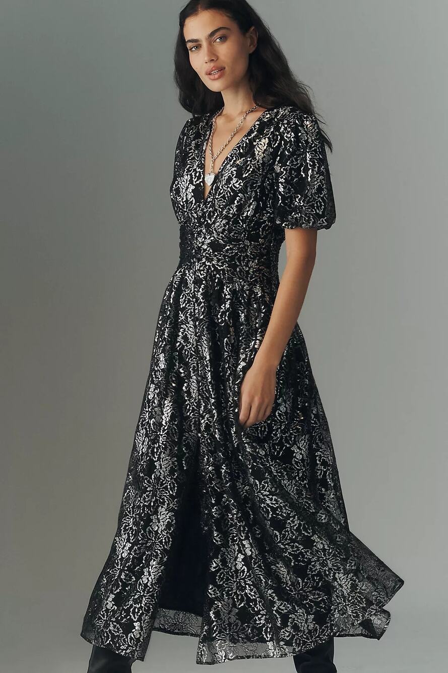 New Anthropologie The Katerina Metallic Lace Button-Front Dress $198 XS Black